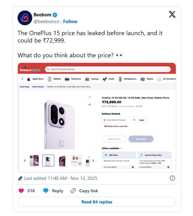 OnePlus 15 price in India leaked ahead of launch